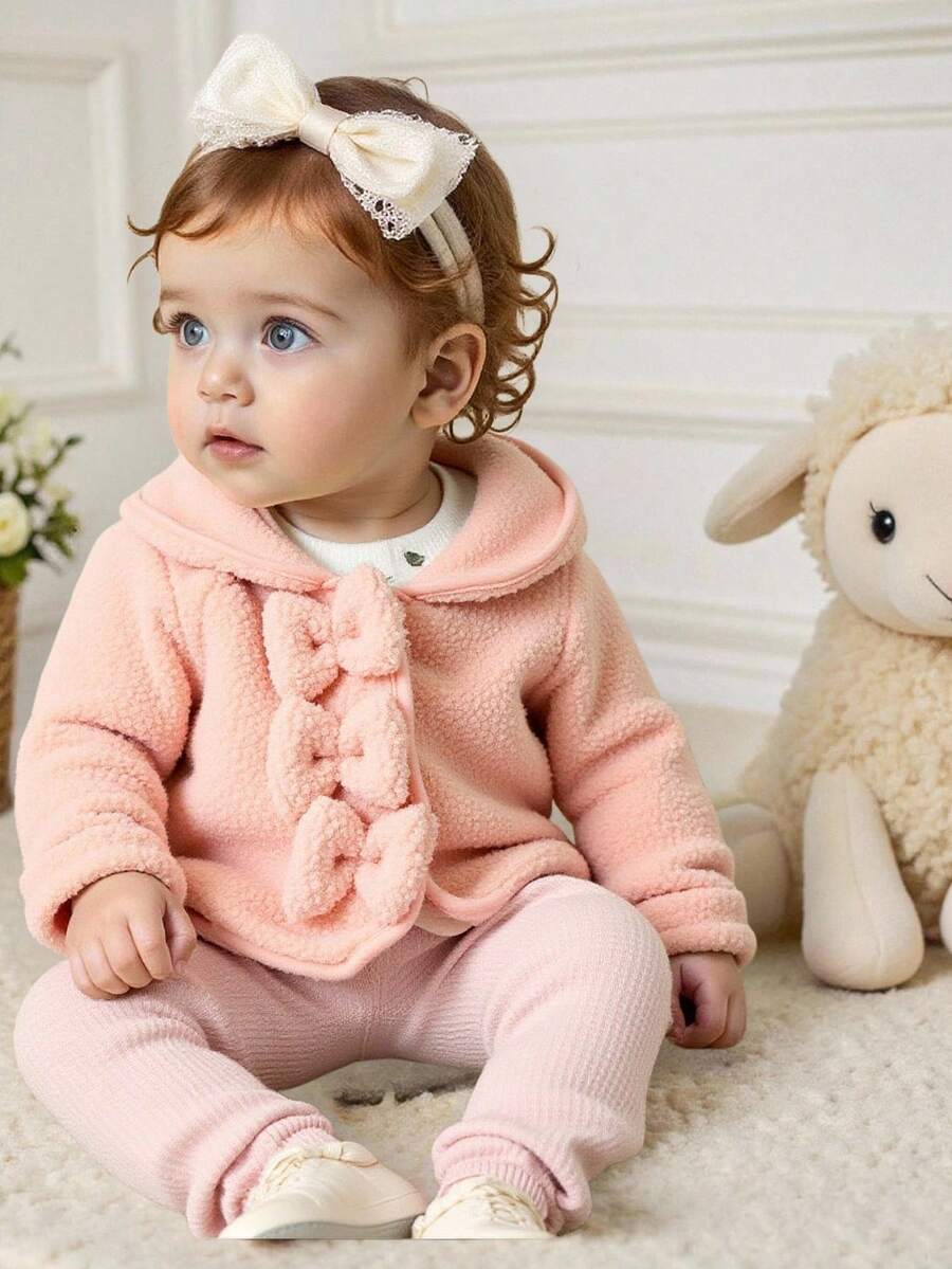 SHEIN 女婴6个月-3岁纽扣外套休闲长袖秋季保暖加厚外套 - 粉色 - 查看 1