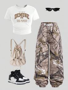 SHEIN Explorewe 少女休闲宽松印花牛仔裤，抽绳腰带，休闲度假风下装 - 米色 - 查看 1