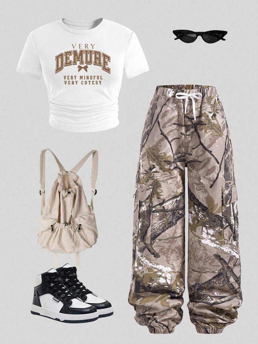 SHEIN Explorewe 少女休闲宽松印花牛仔裤，抽绳腰带，休闲度假风下装 - 米色 - 查看 1