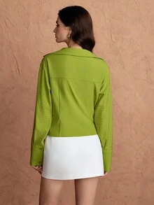 Chiquease Women's Elegant Plunging Neck Sequin Long Sleeve Party Blouse - Green - View 3
