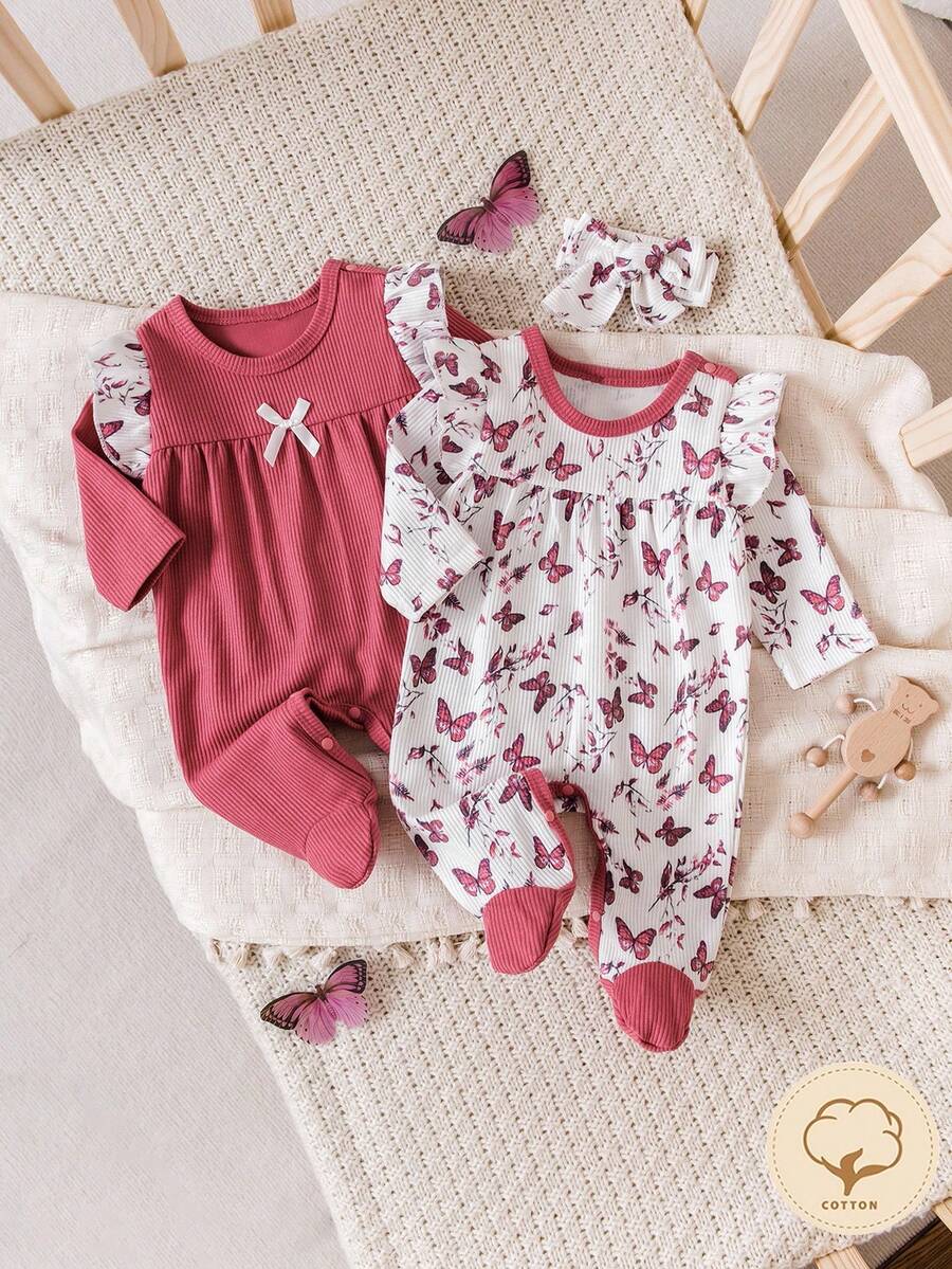 2件套新生儿女婴蝴蝶印花连体衣和粉色上衣睡衣套装 - 彩色 - 查看 1