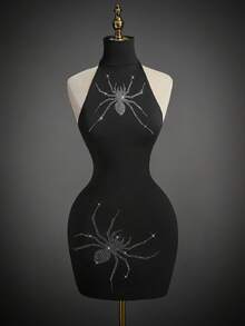 SHEIN ICON 女式万圣节蜘蛛水晶装饰黑色立领露背紧身迷你连衣裙 - 黑色 - 查看 1