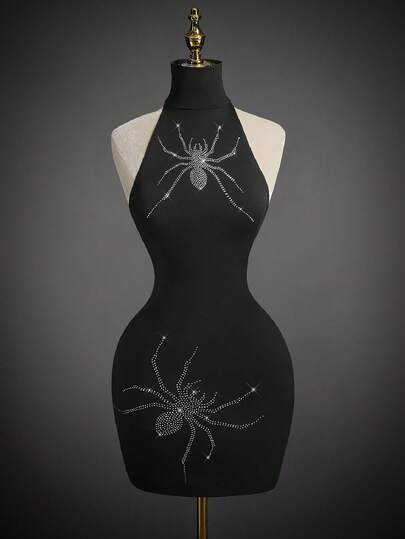 SHEIN ICON 女式万圣节蜘蛛水晶装饰黑色立领露背紧身迷你连衣裙