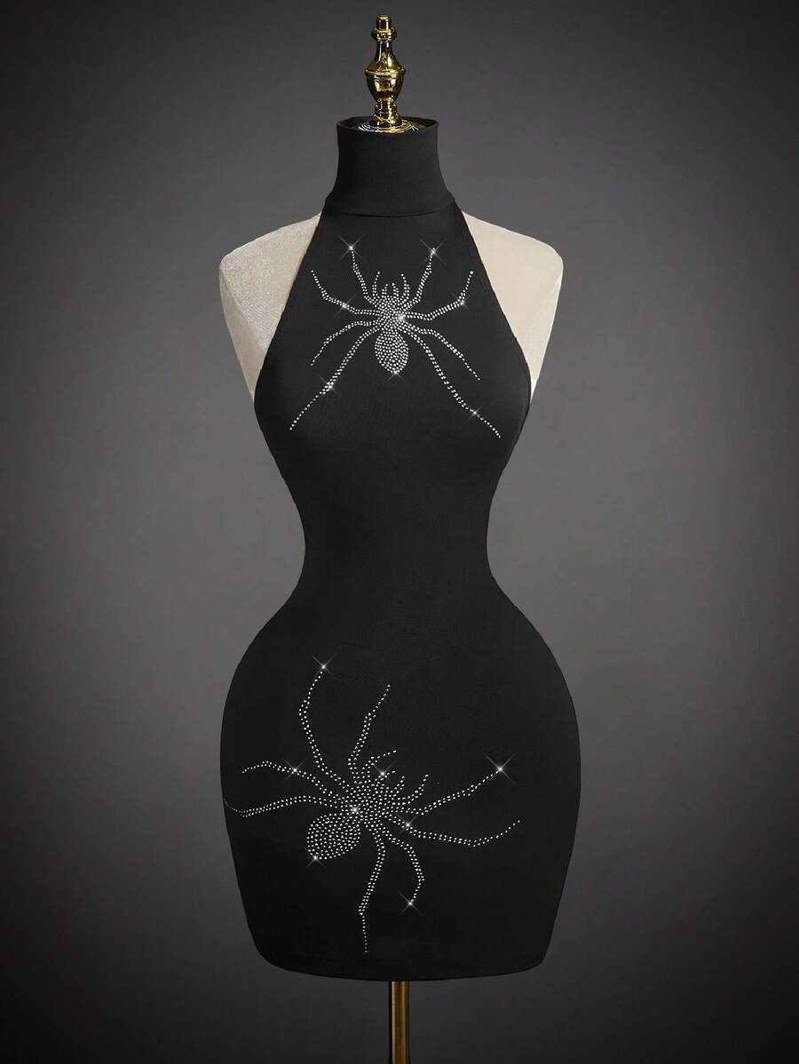 SHEIN ICON 女式万圣节蜘蛛水晶装饰黑色立领露背紧身迷你连衣裙 - 黑色 - 查看 1