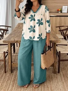 Weeklong Plus Size Women Casual Loose Fitting Top And Wide Leg Pants 2 Pieces Set - Multicolor - View 5