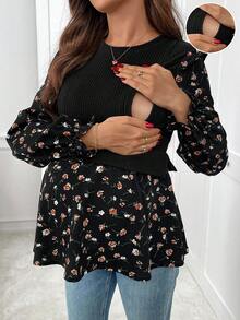 SHEIN 孕妇拼布碎花圆领长袖哺乳上衣 - 黑色 - 查看 1