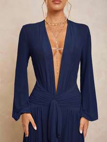 Lumalex Damen extra langes Kleid mit Leggings, transparenter V-Ausschnitt, Puffärmel, geraffter Bindedetail, abnehmbarer Metallschnalle und Oversized Rock - marineblau - Übersicht 5