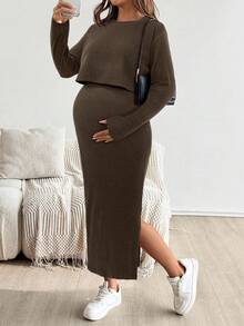 SHEIN Bộ đồ bà bầu 2 món gồm áo thun dài tay cổ tròn màu trơn và chân váy Bộ đồ bà bầu 2 món dệt kim 2 món màu nâu Bộ đồ 2 món váy cho nữ Bộ đồ 2 món có gân cho nữ - Cà phê nâu - Xem 5