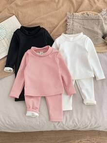 SHEIN LMoss Kids Bộ 6 món áo thun dài tay cổ lọ màu trơn dễ thương cho bé gái và quần dài cạp chun, thời trang thu đông - Nhiều màu - Xem 9