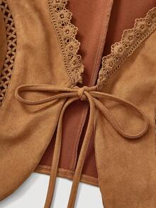 SHEIN MOD 蕾丝边系带前背心夹克（不含衬衫），棕色波西米亚风夹克，秋冬西部女装 - 摩卡棕 - 查看 3