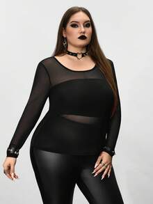 SHEIN CURVE+ 大码透视长袖上衣，万圣节，秋冬 - 黑色 - 查看 5