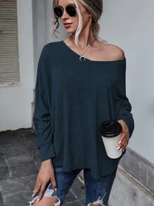 SHEIN Essnce 秋季休闲纯色蝙蝠袖后系带T恤 - 藏蓝色 - 查看 5