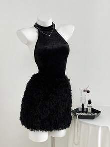 Elamini 女式黑色毛绒露背紧身迷你连衣裙，高端拼接毛茸茸下摆性感派对俱乐部连衣裙 - 黑色 - 查看 1