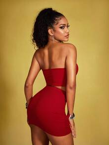 SHEIN Solid Crop Tube Top & Bodycon Skirt - Red - View 2