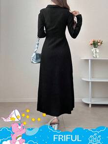 FRIFUL SHEIN X Care Bears Women's Half-Zip Front Letter Embroidery Cold Shoulder Sweater Dress Maxi Dress - Black - View 3