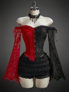 SHEIN ICON 女式万圣节角色扮演露肩撞色蕾丝喇叭袖提花衬衫 - 彩色 - 查看 1