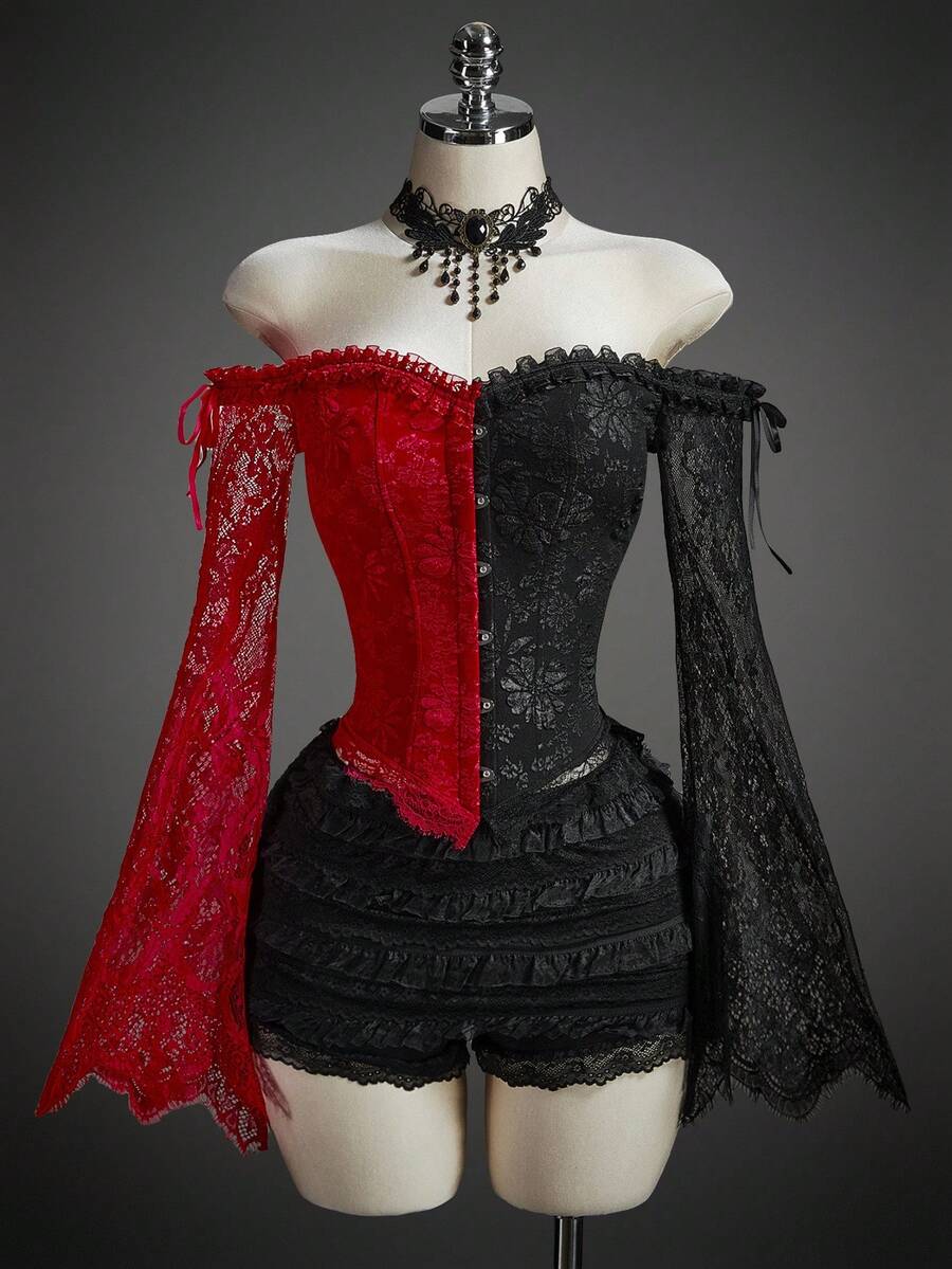 SHEIN ICON 女式万圣节角色扮演露肩撞色蕾丝喇叭袖提花衬衫 - 彩色 - 查看 1