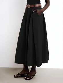 Maija 2025夏季新款黑色高腰褶裥侧袋PU皮可拆卸金属腰带半身裙，优雅百搭，适合派对和办公通勤。