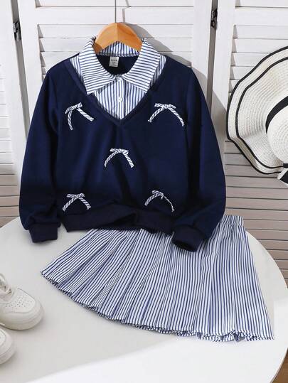 Genkimix Kids 2 Stücke/Set Lässiger Schul-Stil für Kleine Mädchen, Schleife, gestreift, einfarbig, Oversized Langarm Sweatshirt + plissierter gestreifter Mini-Rock, bequemer Schuluniform-Outfit, Rückkehr zur Schule, ganzjährig