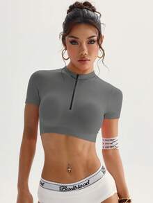 SHEIN Sovereign Charm 女士纯色立领修身半拉链短袖瑜伽运动T恤健身上衣女士健身服女士服装运动健身装备女士健身衫 - 灰色 - 查看 3