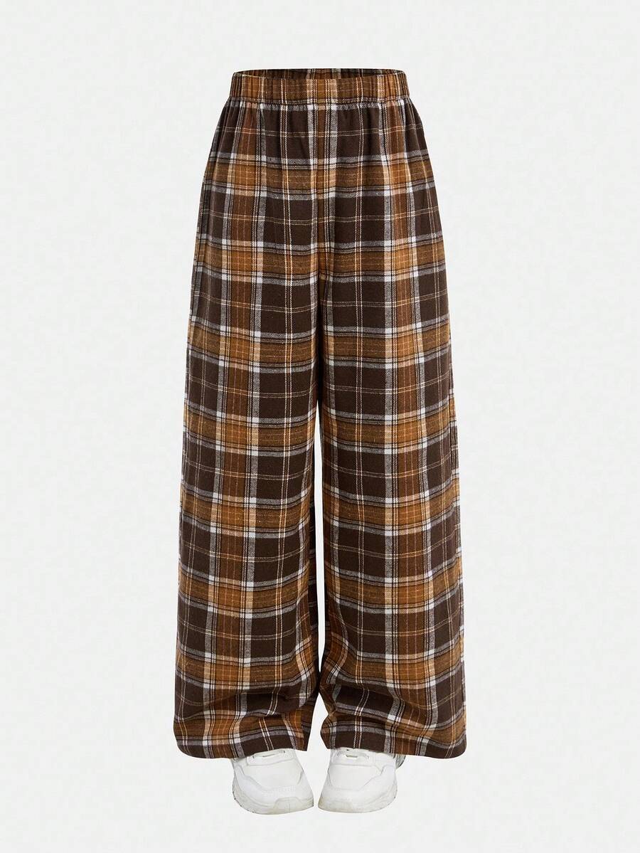 SHEIN Tween Girls Plaid Daily Wear Microfleece Football/Soccer Black And White Sportswear Wide Leg Pants Fall Winter - Multicolor - View 1