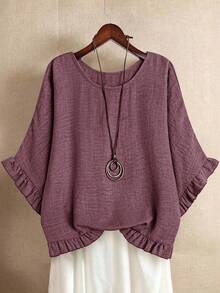 SHEIN LUNE Plus Size Solid Color Round Neck Ruffle Casual Pullover Shirt - Dusty Pink - View 1