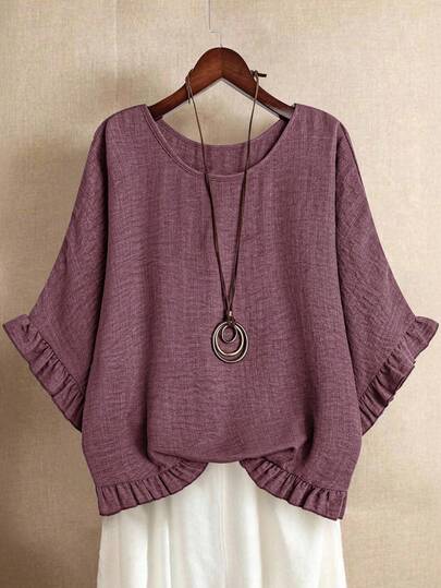SHEIN LUNE Plus Size Solid Color Round Neck Ruffle Casual Pullover Shirt