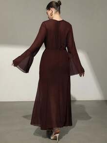 Aveloria Modichic Plus Size Women V-Neck Long Sleeve Dress, European And American Style - Mocha Brown - View 3
