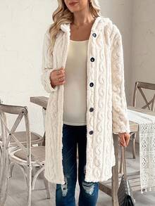 SHEIN Maternity Regular Jacket, Long Sleeve Hooded Front Button Fluffy Thick Loose Coat - Beige - View 5