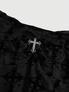 ROMWE Goth 浪漫复古宫廷哥特式十字植绒露肩连衣裙 - 黑色 - 查看 3