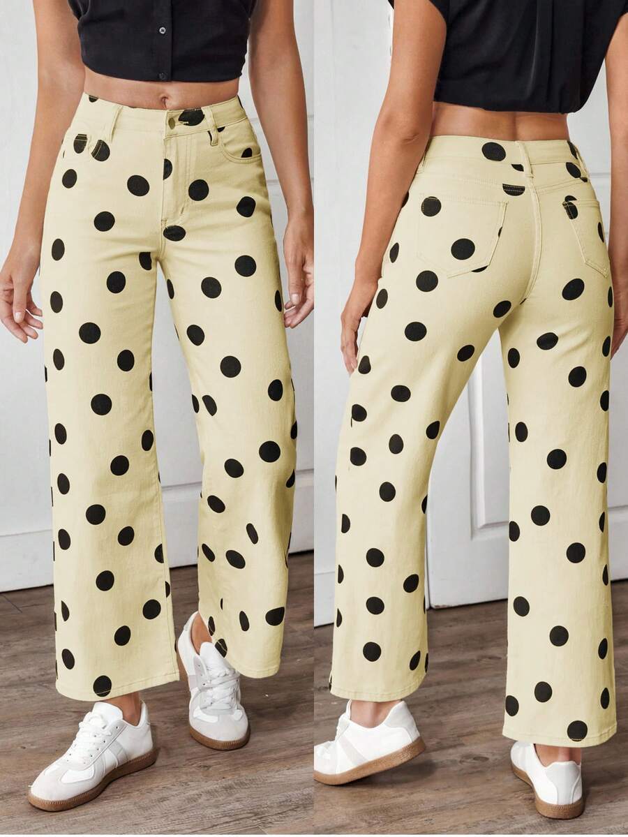 EMERY ROSE Quần jean ống rộng túi chéo chấm bi thường ngày dành cho nữ - Màu Khaki - Xem 1