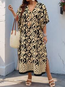 Breezaya Plus Size Women Geometric Print V-Neck Batwing Short Sleeve Loose Casual Dress - Multicolor - View 1