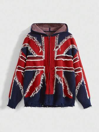 ROMWE Avant Cárdigan con capucha de estilo universitario con bandera estadounidense deshilachada y contraste de color para mujer de talla grande, de vuelta al colegio