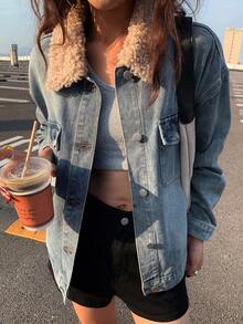 DAZY 女式撞色领休闲牛仔夹克，秋季 - 藍色 - 查看 1