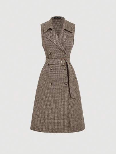 SHEIN MOD Khaki Vintage Houndstooth Minimalist Casual Commuter Women Long Sleeveless Trench Coat, Old Money Style In Fall/Winter