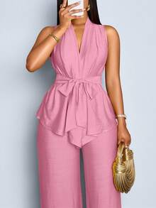SOLERSUN Plus Size Solid Color Sleeveless Top And Wide Leg Pants 2 Pieces Set - Pink - View 1