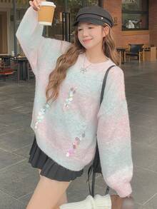 DAZY Damski luźny, swobodny, elegancki sweter w paski z nadrukiem tie-dye, kolorowy, dojazdowy, stylowy, z kryształkami i cekinami, jesień/zima - Miętowy niebieski - Zobacz 11