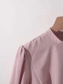 Franclia Women's Solid Color Stand Collar Puff Sleeve Elegant Blouse - Dusty Pink - View 5