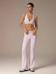 Hanevo Women's Summer Minimalist Sexy Solid Deep V-Neck Backless Cropped Halter Top And Flared Leggings 2 Pieces Set