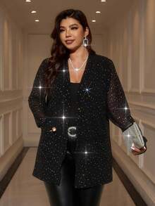 SHEIN Clasi Manteau ample noir à manches longues brillant avec poche diamant pour femmes rondes, confortable, doux et brillant. Top élégant et romantique en tissu mesh argenté brillant et noir pailleté, adapté à l'automne et à de multiples occasions, chic, pour soirée, Noël