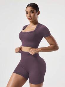 Easithlete 2pcs Set + Regular Fit + Moisture Wicking Fabric/Ribbed + Crew Neck/Basic/Navy Blue + Activewear Set + Seamless/Fitness/Yoga Yoga Shorts Set Seamless Workout Set Bike Shorts Set