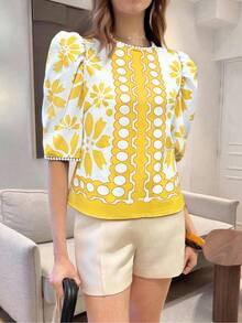Pariaura قميص كاجوال مزخرف بطبعة الزهور مع تريم مكشكش، ملابس كاجوال للربيع للجامعة - أصفر - مشاهدة 3