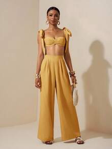 Zivah Beach New Spring And Summer Casual Holiday Bowknot Shoulder Straps Chest-Wrapped Heart Collar Cropped Top + Wide-Leg Super Trousers Apricot Women's Two Pieces Se,Textured Fabric Material