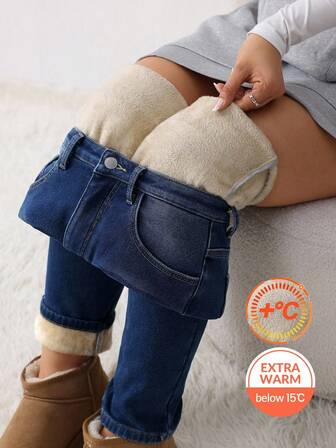 SHEIN Tween Girls Fashion Casual Y2k Vintage Cool Street Returns To School College Simple Basic Comfortable Blue Denim Fleece Sole Warm And Elastic Skinny Jeans For Kids Clothes Tween Girls Costume Dailywear And Kids Winter And Fall Rave Outfits Festival And At Home Outfits Streetwear School Clothes