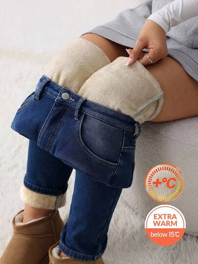 SHEIN Tween Girls Fashion Casual Y2k Vintage Cool Street Returns To School College Simple Basic Comfortable Blue Denim Fleece Sole Warm And Elastic Skinny Jeans For Kids Clothes Tween Girls Costume Dailywear And Kids Winter And Fall Rave Outfits Festival And At Home Outfits Streetwear School Clothes