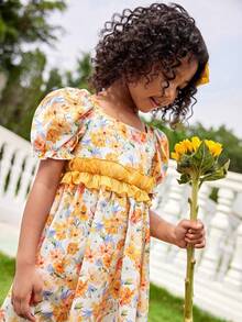 Joliand Joliand فستان أنيق ذو أكمام منفوخة بطراز زهري وفيونكة كبيرة للفتيات الصغيرات، مناسب للتجمعات، والخروجات، والزفاف، والحفلات، الصيف - متعدد الألوان - مشاهدة 5