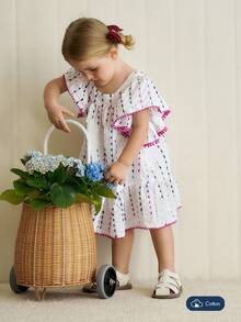 Joliand Joliand 1 pieza Vestido blanco suelto con volantes y ribete de encaje floral fucsia elegante y urbano para bebé niña, adecuado para uso diario casual, viajes, playa, reuniones, fiestas, verano - Blanco - Ver 4
