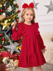 SHEIN Váy len tay bồng nhún bèo màu trơn cho bé gái - Đỏ - Xem 7