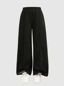 SHEIN 少女百搭休闲家居舒适柔软保暖褶皱阔腿直筒运动裤，秋冬款