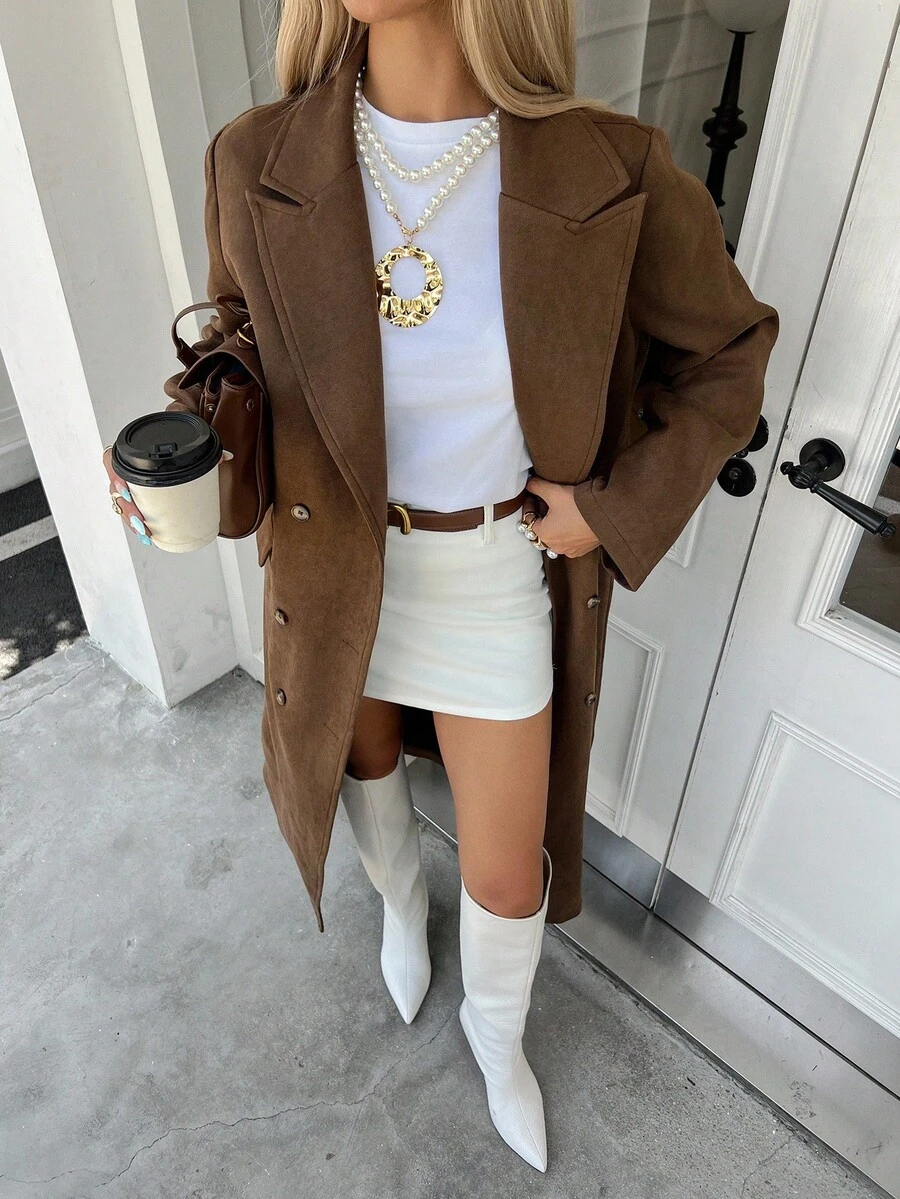 Livesso Áo khoác gió dáng rộng màu nâu thường ngày cho nữ, Áo khoác nữ mùa thu/đông - Cà phê nâu - Xem 1